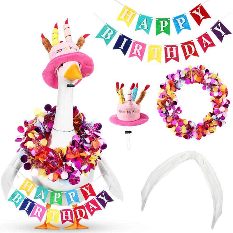 Abbylike 4 Pcs Happy Birthday Porch Goose Outfit for 23" Statues Poseable Porch Goose Wings Birthday Cake Hat for Lawn Patio Outdoor Geese Statue Decoration Accessories(Pink,Classic Style) - Image 1