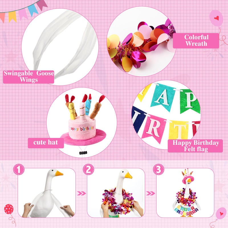 Abbylike 4 Pcs Happy Birthday Porch Goose Outfit for 23" Statues Poseable Porch Goose Wings Birthday Cake Hat for Lawn Patio Outdoor Geese Statue Decoration Accessories(Pink,Classic Style) - Image 3