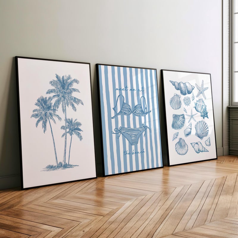 TNESSENTIAL Coastal Wall Art Set of 3 Poster or Canvas Print, Blue Beach Prints with Seashells, Bikini, Palm Trees, Beachy Poster, Meet Me at the Beach - Image 4