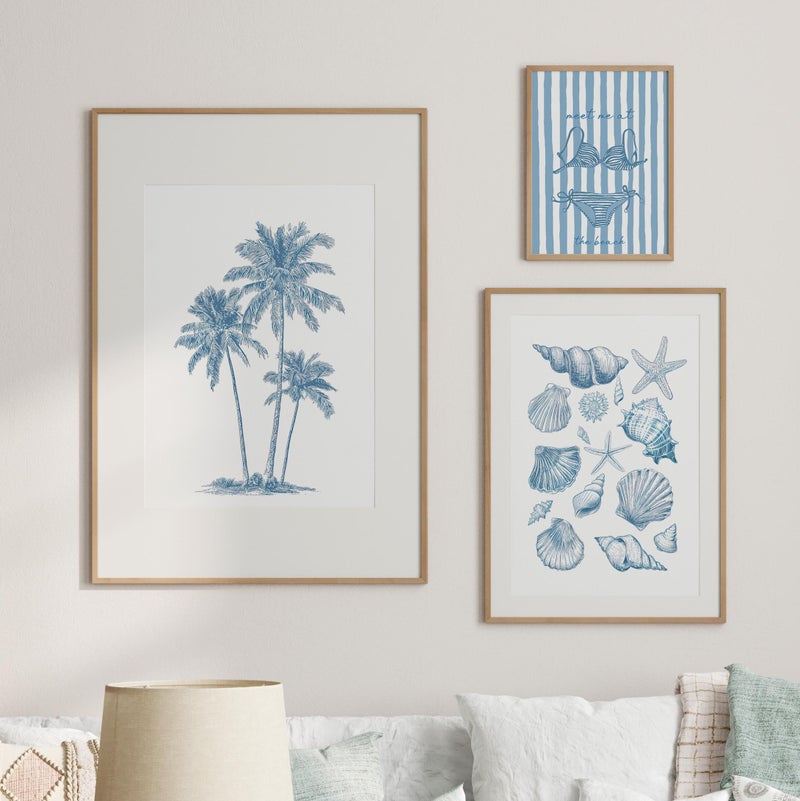 TNESSENTIAL Coastal Wall Art Set of 3 Poster or Canvas Print, Blue Beach Prints with Seashells, Bikini, Palm Trees, Beachy Poster, Meet Me at the Beach - Image 1