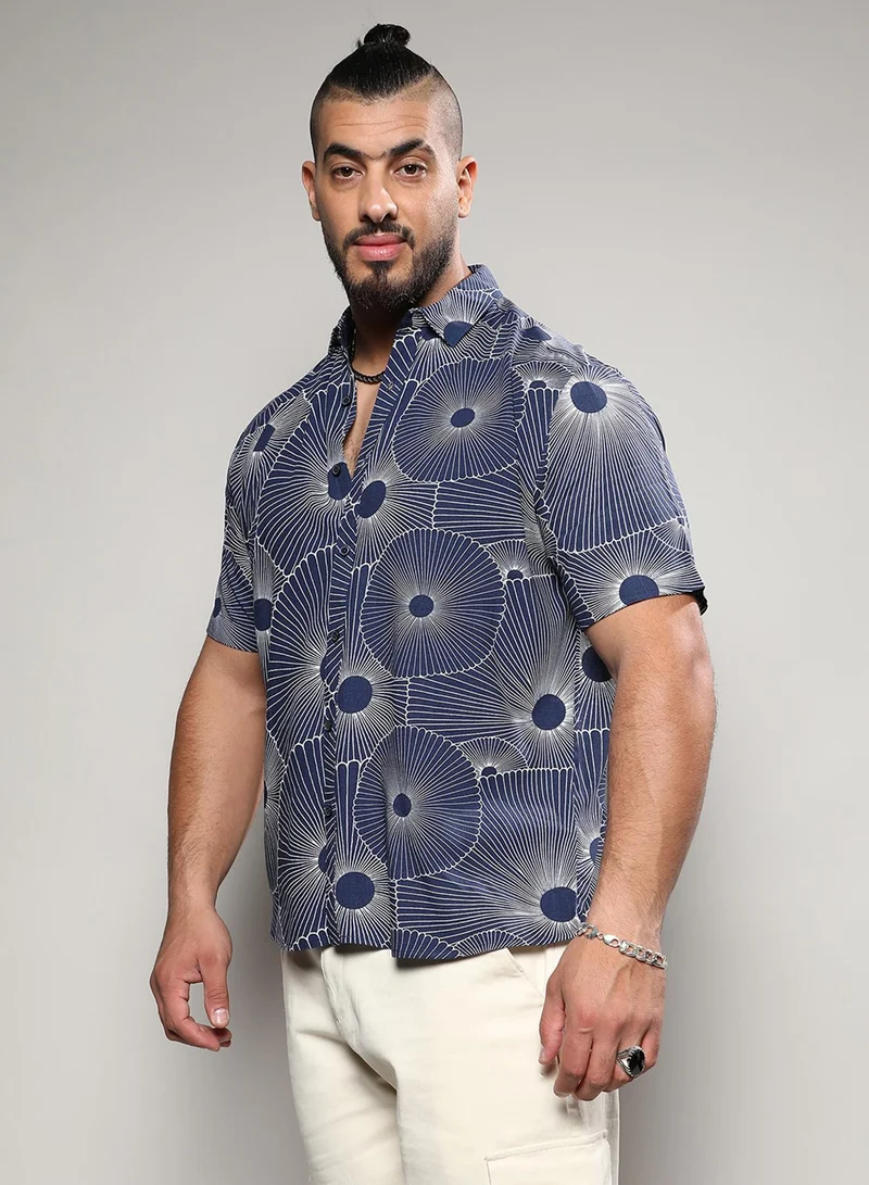 Instafab Plus Men's Navy Blue Mushroom Print Button Up Plus-Size Fit Shirt For Casual Wear | Heavy Rayon Spread Collar Shirt Crafted With Regular Sleeve & Comfort Fit For Everyday Wear