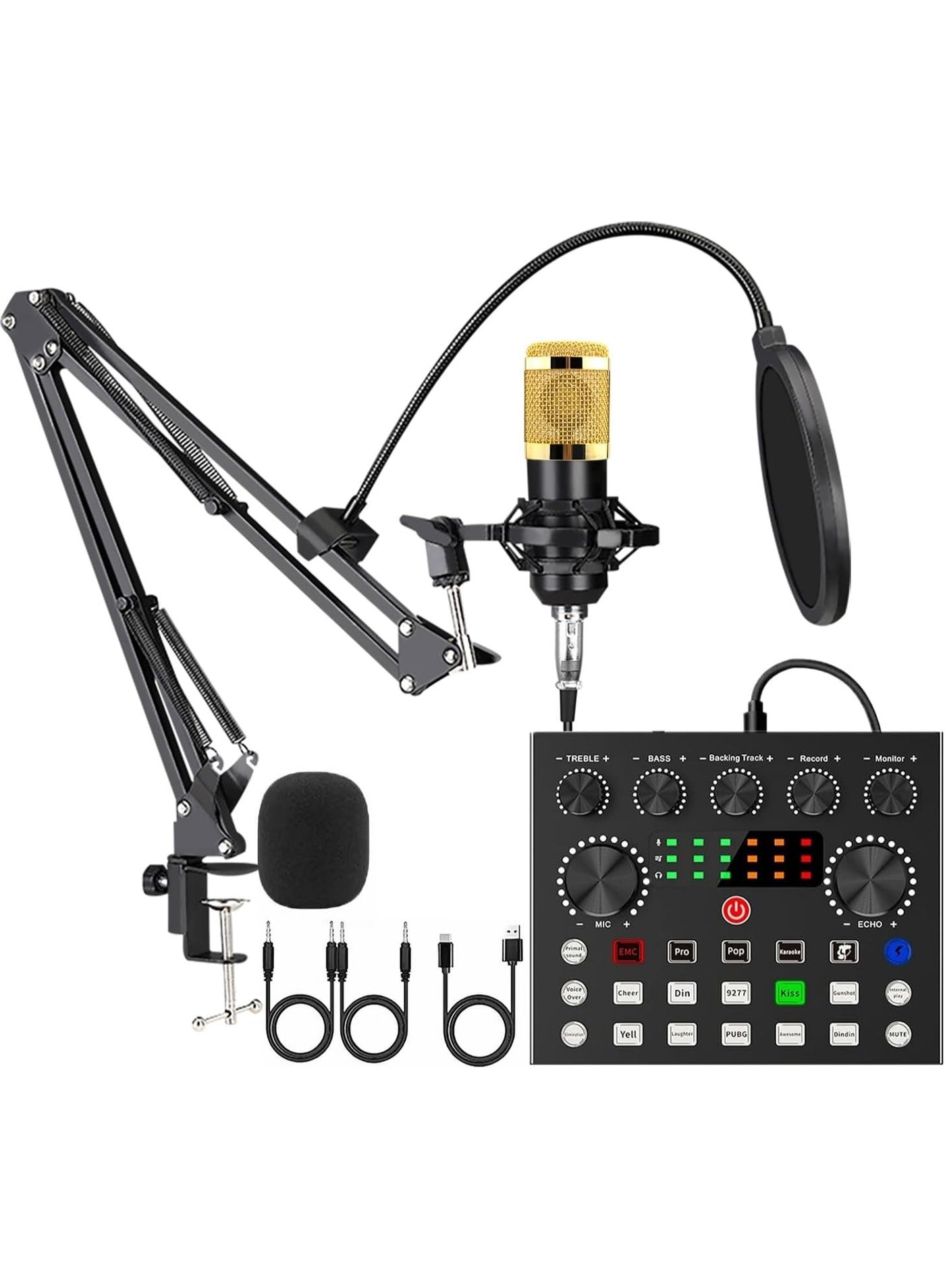 Sound Card Podcast Kit Bundle with Audio Interface F998 Voice Changer Sound Card Condenser Karaoke Microphone Mic Stand and Mic Pop Filter Multi Sound Effects for Live Streaming Podcast Mic Starter Kit DJ Audio Mixer for Podcast and Live