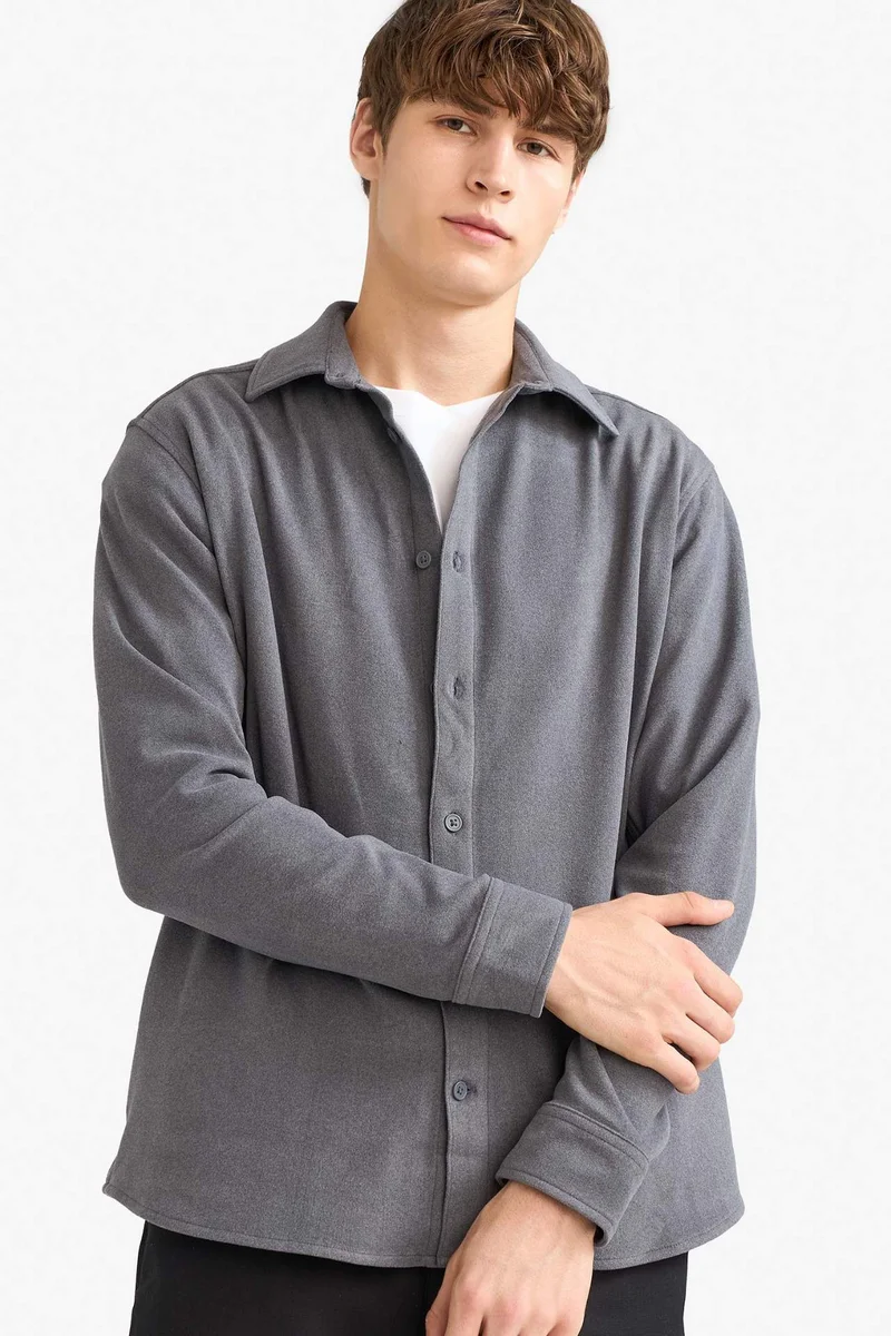 ديفاكتو Regular Fit Wool Look Long Sleeve Shirt