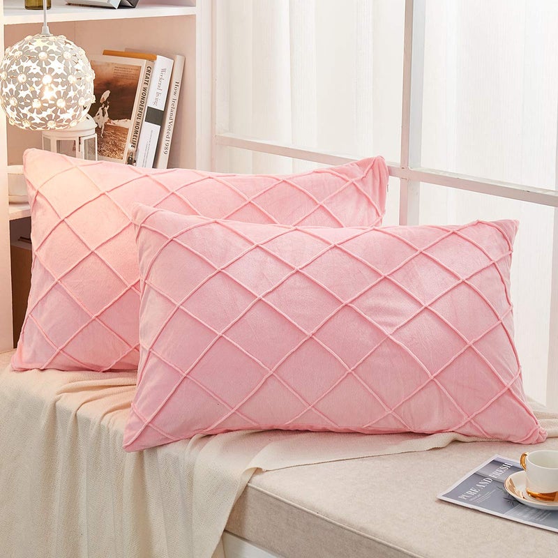 JAUXIO Diamond Pinch Pleated Crystal Velvet Pillowcases 2 Pack Solid Pintuck Throw Cushion Cover for Home Decor Hidden Zipper Closure (Pink  King)