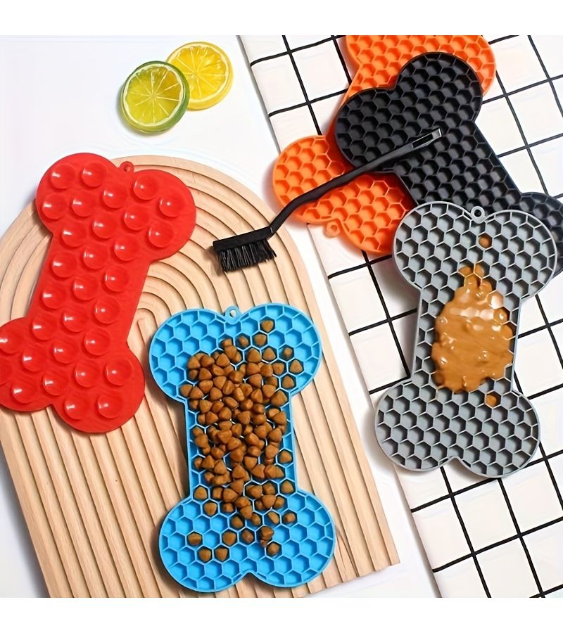Blue Anxiety Relief Lick Mat Slow Feeder For Butter And Snacks Bone Shaped Pet Licking Pad With Suction Cup - Image 1