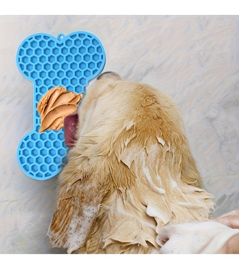 Blue Anxiety Relief Lick Mat Slow Feeder For Butter And Snacks Bone Shaped Pet Licking Pad With Suction Cup - Image 4