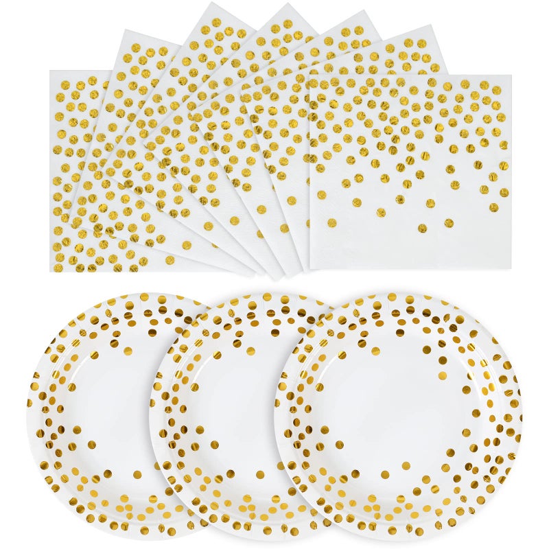 CENLBJ Disposable Paper Plates 100 Pack - White and Gold Paper Plates 50 x 7 & Gold Dot Napkins 50 x 6.5 Plate and Napkins Party Supplies for Weddings  Birthdays All Occasions - Image 1