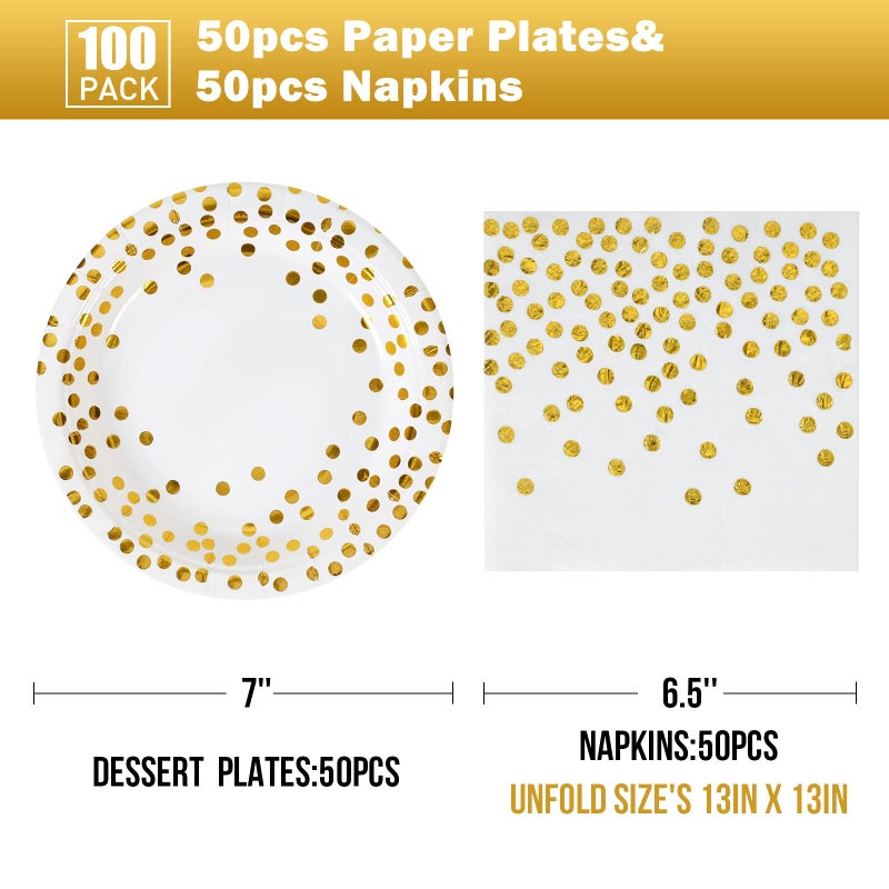 CENLBJ Disposable Paper Plates 100 Pack - White and Gold Paper Plates 50 x 7 & Gold Dot Napkins 50 x 6.5 Plate and Napkins Party Supplies for Weddings  Birthdays All Occasions - Image 2