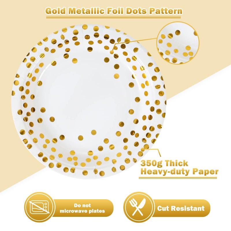 CENLBJ Disposable Paper Plates 100 Pack - White and Gold Paper Plates 50 x 7 & Gold Dot Napkins 50 x 6.5 Plate and Napkins Party Supplies for Weddings  Birthdays All Occasions - Image 3
