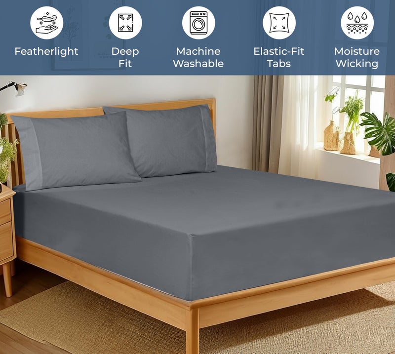 Royale Linens 100% Organic Cotton Fitted Sheet - Percale Weave - Super Soft Deep Pocket Bottom Sheets - Grey Elastic Sheet Queen Size - Queen Fitted Sheets Only - (60"x80"+15", Grey) - Image 3