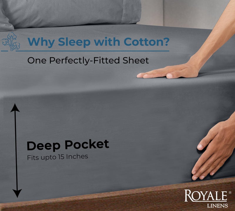 Royale Linens 100% Organic Cotton Fitted Sheet - Percale Weave - Super Soft Deep Pocket Bottom Sheets - Grey Elastic Sheet Queen Size - Queen Fitted Sheets Only - (60"x80"+15", Grey) - Image 2
