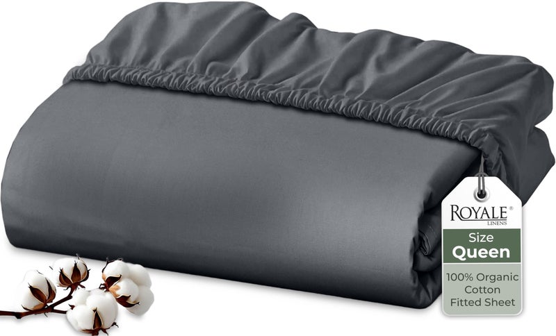 Royale Linens 100% Organic Cotton Fitted Sheet - Percale Weave - Super Soft Deep Pocket Bottom Sheets - Grey Elastic Sheet Queen Size - Queen Fitted Sheets Only - (60"x80"+15", Grey) - Image 1