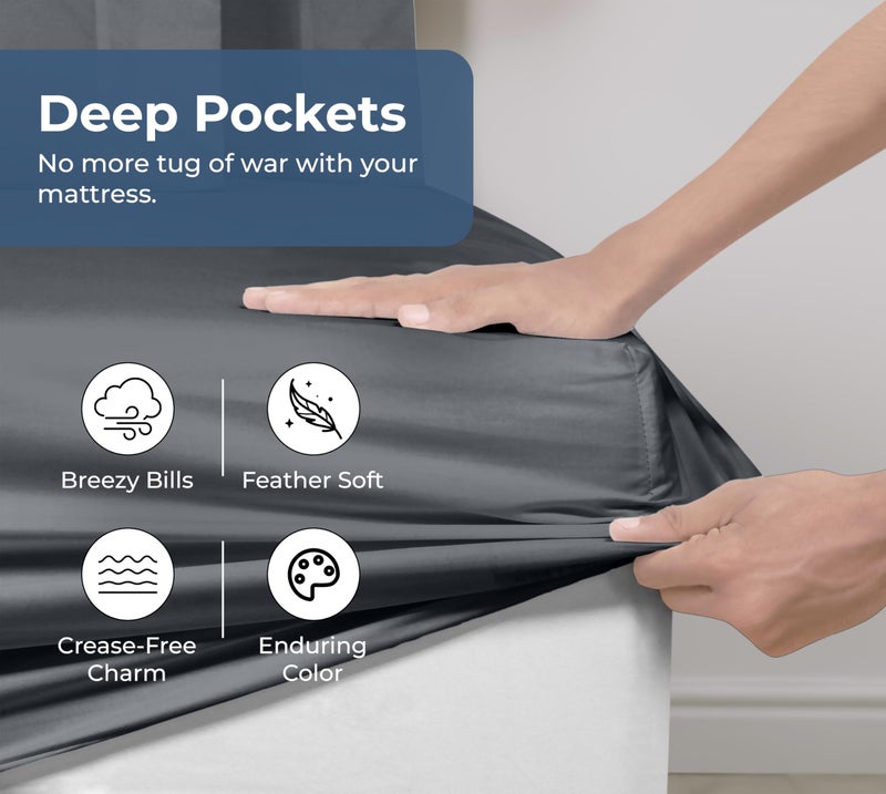 Royale Linens 100% Organic Cotton Fitted Sheet - Percale Weave - Super Soft Deep Pocket Bottom Sheets - Grey Elastic Sheet Queen Size - Queen Fitted Sheets Only - (60"x80"+15", Grey) - Image 4
