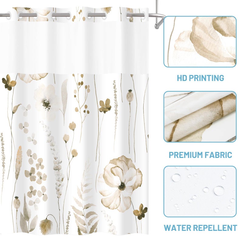 WITHLOC No Hook Shower Curtain with Snap in Liner - Floral Shower Curtain - Fabric Waterproof Inner Liner, Plants Watercolor Beige Modern Cloth Shower Curtains - Machine Washable, 71 x 74 - Image 4