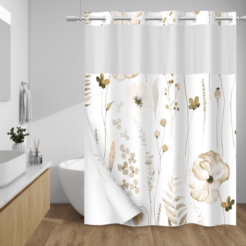 WITHLOC No Hook Shower Curtain with Snap in Liner - Floral Shower Curtain - Fabric Waterproof Inner Liner, Plants Watercolor Beige Modern Cloth Shower Curtains - Machine Washable, 71 x 74 - Image 1