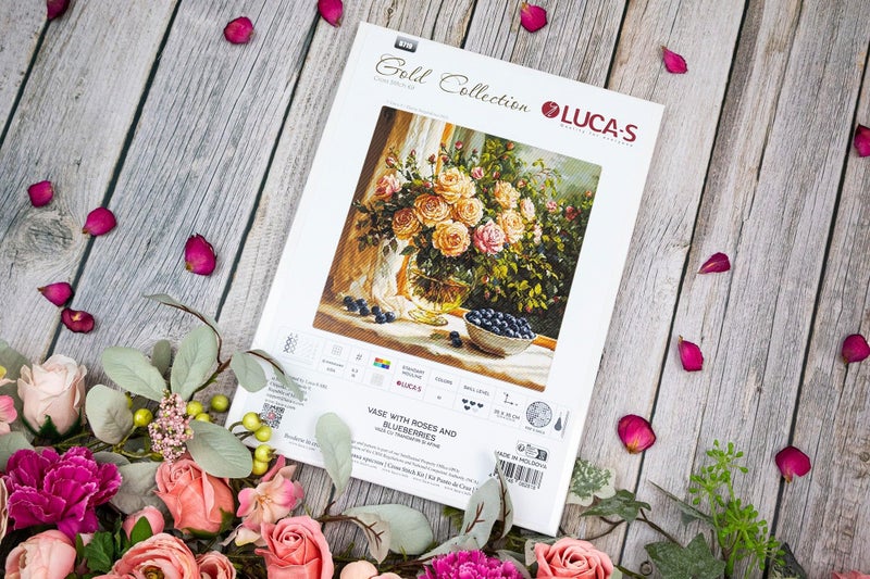 Luca-S Cross Stitch Kit Gold - Vase with Roses and Blueberries, B719, Counted Cross Stitch Kit for Adults, Needlecraft and Embroidery Kit - Image 2