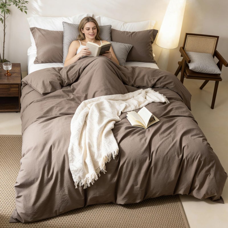 BDEAR Linen Feel Light Chocolate Brown Duvet Cover Queen Size 90'' L x 90'' W, Percale 100% Washed Cotton Duvet Cover with Zipper Closure Plus 2 Pillowcases, Oeko TEX Standard Certificated - Image 4