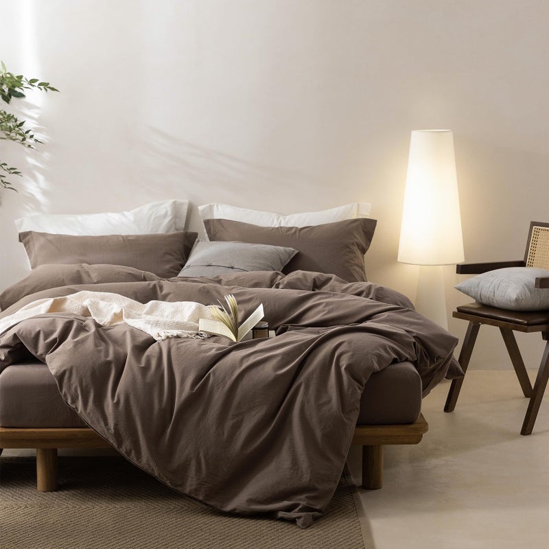 BDEAR Linen Feel Light Chocolate Brown Duvet Cover Queen Size 90'' L x 90'' W, Percale 100% Washed Cotton Duvet Cover with Zipper Closure Plus 2 Pillowcases, Oeko TEX Standard Certificated - Image 5