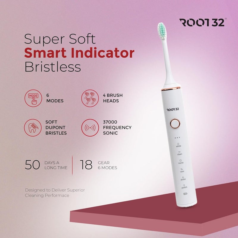 ROOT 32 Root32 Electric Toothbrush with Soft Dupont Bristles 37000 Frequency Sonic Technology| Waterproof 6 Modes Includes 4 Replacement Brush Heads |Toothpaste & Minty Fresh Flavor Combo - Image 3