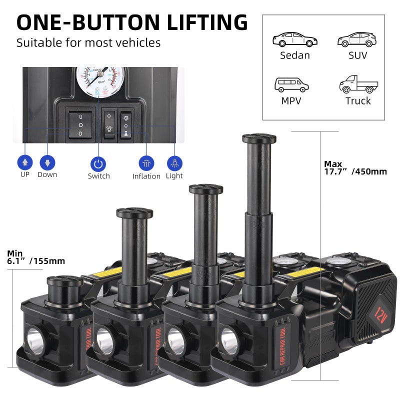 BENYAN Electric Jack BENYAN 5 Ton Car Floor Jack Kit with Inflator Pump | 12V Portable Car Hydraulic Jack with LED Light for SUV MPV Sedan | Lifting Height Range 6 to 17.7 Inch Black - Image 2