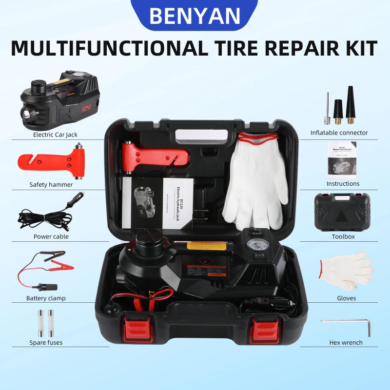 BENYAN Electric Jack BENYAN 5 Ton Car Floor Jack Kit with Inflator Pump | 12V Portable Car Hydraulic Jack with LED Light for SUV MPV Sedan | Lifting Height Range 6 to 17.7 Inch Black - Image 3