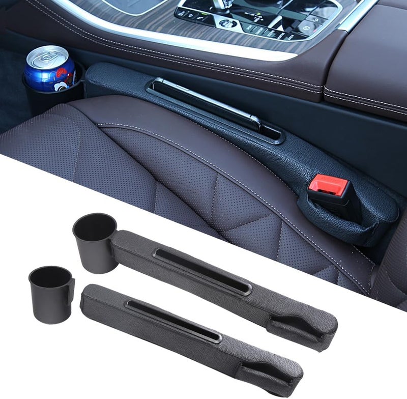 DURASIKO Advanced 3in1 Car Seat Gap Filler with Pocket Organizer and Removable Cupholder,Console Side Pocket Organizer,Car Seat Gap Pad for Cellphone Coin Key,Stopper and Blocker,PU Leather,2 Packs - Image 1