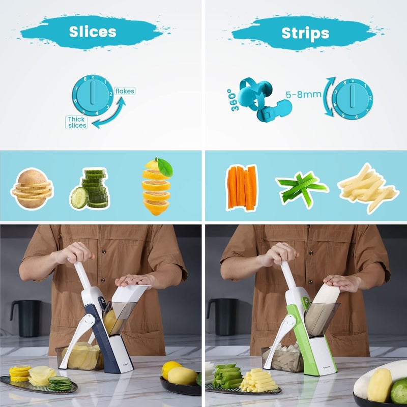 SupMaKin Safe Mandoline Slicer for Kitchen, Adjustable Potato Slicer,Vegetable Chopper, Mandolin Food Slicer, French Fry Cutter, 5 in 1 Chopping Artifact for Kitchen Chef Meal Prep (SkyBlue) - Image 3
