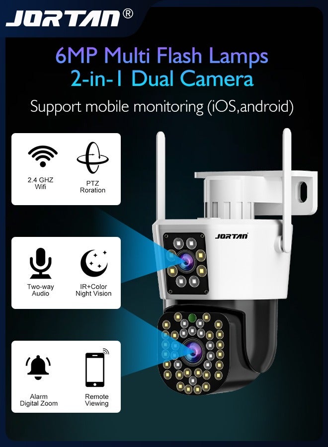 JORTAN 6MP Multi Flash Lamps 2-in-1 Dual Camera Smart Wifi Security Camera 12V/2A HD Outdoor PTZ Cam with Person/Vehicle Detection & Color Night Vision & Spotlight Siren & Two Way Audio  - Image 1