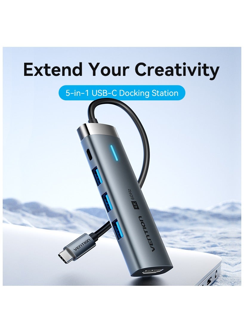 Vention 5-in-1 USB-C Docking Station 0.15M Gray Type-C Hub 4K@60Hz HDMI, 5Gbps USB 3.0*3/USB C 3.2 Gen1,100W PD, Graphene Shield, OTG Support Aluminum Alloy for MacBook Pro/Air, iPad Pro, iPhone 15/16