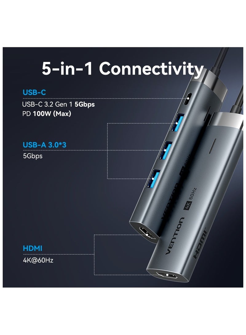 Vention 5-in-1 USB-C Docking Station 0.15M Gray Type-C Hub 4K@60Hz HDMI, 5Gbps USB 3.0*3/USB C 3.2 Gen1,100W PD, Graphene Shield, OTG Support Aluminum Alloy for MacBook Pro/Air, iPad Pro, iPhone 15/16 - Image 2