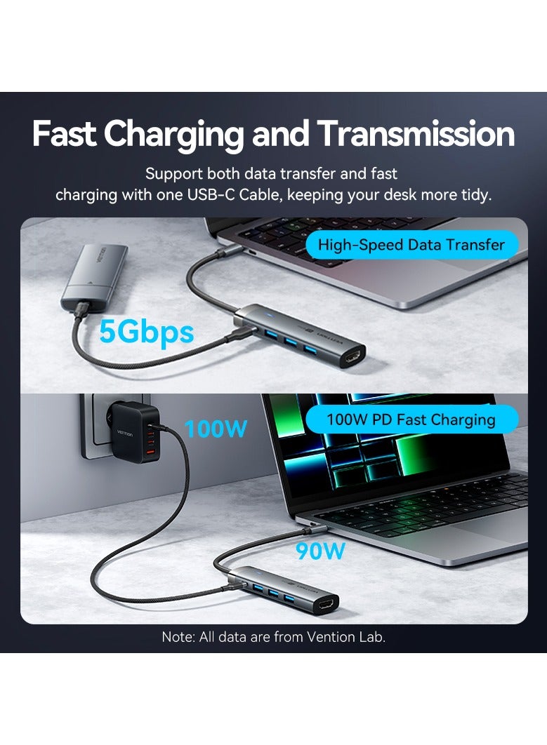 Vention 5-in-1 USB-C Docking Station 0.15M Gray Type-C Hub 4K@60Hz HDMI, 5Gbps USB 3.0*3/USB C 3.2 Gen1,100W PD, Graphene Shield, OTG Support Aluminum Alloy for MacBook Pro/Air, iPad Pro, iPhone 15/16 - Image 4