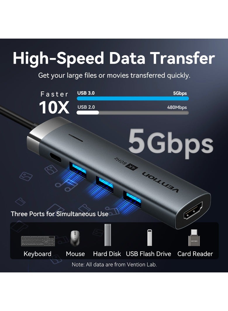 Vention 5-in-1 USB-C Docking Station 0.15M Gray Type-C Hub 4K@60Hz HDMI, 5Gbps USB 3.0*3/USB C 3.2 Gen1,100W PD, Graphene Shield, OTG Support Aluminum Alloy for MacBook Pro/Air, iPad Pro, iPhone 15/16 - Image 5