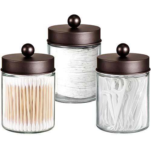 Komashr Apothecary Jar Canisters Bathroom Vanity Organizer - Qtip Holder Storage Organizer Countertop -Stainless Steel Lids &Cute Stickers for Qtips,Cotton Swabs,Makeup Sponges,Floss(3 Pack) (Bronze) - Image 1