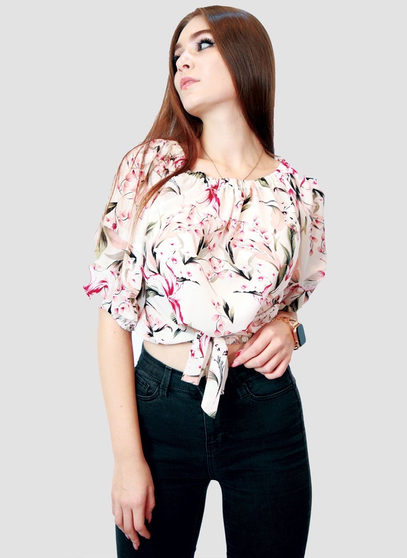 Kidwala Tops For Women, Tees & Blouses Tie Front Knot Floral Pink, White & Green Blouse, Round Nick Top With Elbow Sleeve Length, Off Shoulder Puff Sleeves Top - Image 3