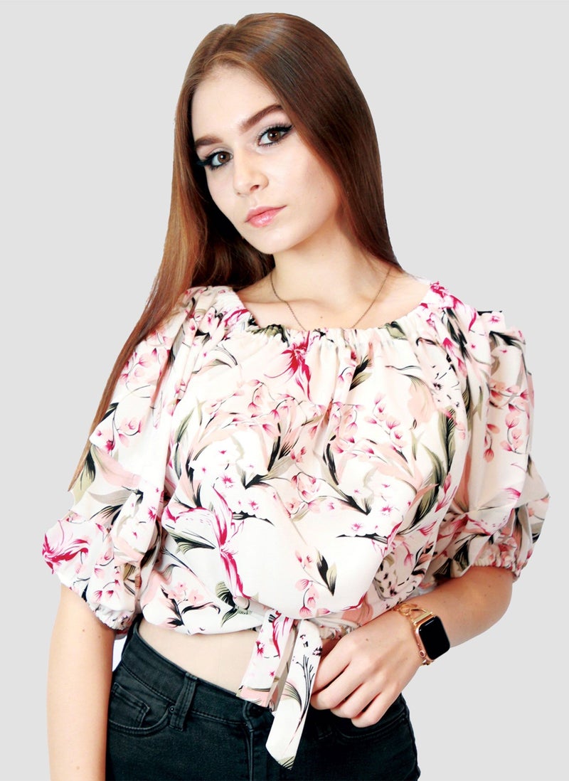 Kidwala Tops For Women, Tees & Blouses Tie Front Knot Floral Pink, White & Green Blouse, Round Nick Top With Elbow Sleeve Length, Off Shoulder Puff Sleeves Top - Image 1