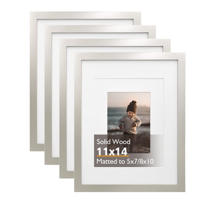 11X14 PICTURE FRAME LIGHT GREY SOLID WOOD FRAMES WITH ACRYLIC PLEXIGLASS FOR PICTURES 5X78X10 WITH MAT OR 11X14 WITHOUT MATTABLETOP AND WALL DISPLAY SET OF 4