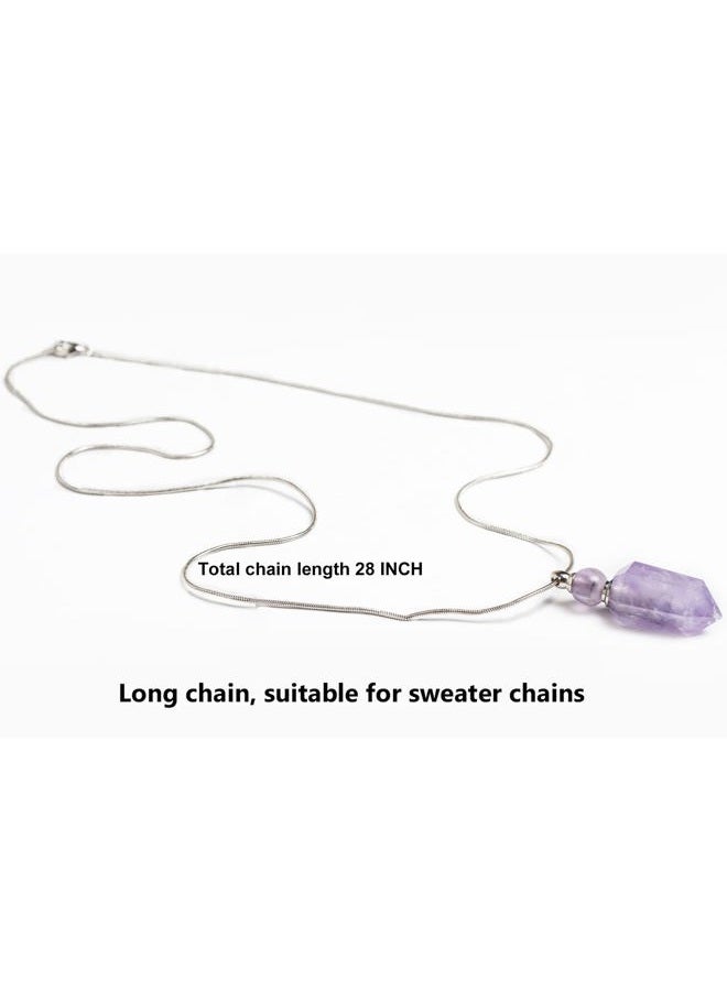 AMOYSTONE 1P Natural Amethyst Necklace Long Chain, Healing Oil Crystals Perfume Necklace Aromatherapy Bullet Shape Pendant Womens Gift - Image 2