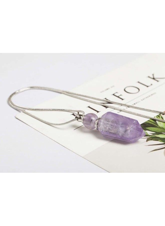 AMOYSTONE 1P Natural Amethyst Necklace Long Chain, Healing Oil Crystals Perfume Necklace Aromatherapy Bullet Shape Pendant Womens Gift - Image 4