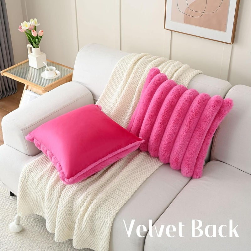 FUTEI Hot Pink Decorative Throw Pillow Covers 18x18 Inch Set of 2, Square Soft Faux Rabbit Fur Big Striped Cushion Cover,Home Decor for Couch Sofa Bed Living Room - Image 4