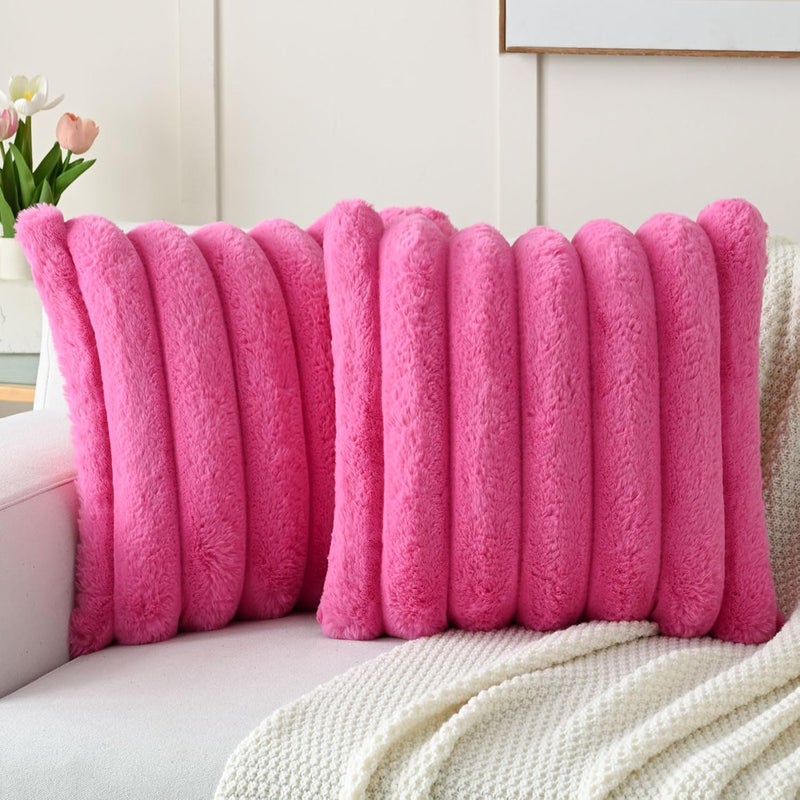FUTEI Hot Pink Decorative Throw Pillow Covers 18x18 Inch Set of 2, Square Soft Faux Rabbit Fur Big Striped Cushion Cover,Home Decor for Couch Sofa Bed Living Room - Image 1