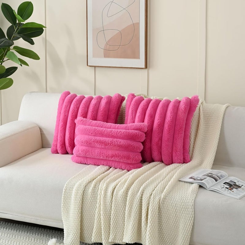 FUTEI Hot Pink Decorative Throw Pillow Covers 18x18 Inch Set of 2, Square Soft Faux Rabbit Fur Big Striped Cushion Cover,Home Decor for Couch Sofa Bed Living Room - Image 5
