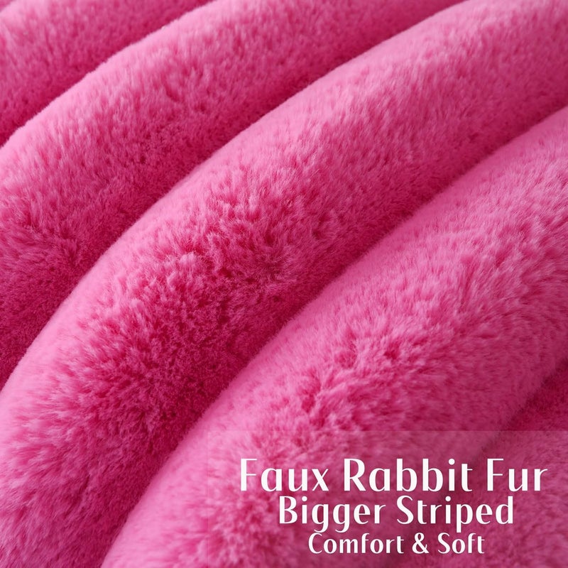 FUTEI Hot Pink Decorative Throw Pillow Covers 18x18 Inch Set of 2, Square Soft Faux Rabbit Fur Big Striped Cushion Cover,Home Decor for Couch Sofa Bed Living Room - Image 2