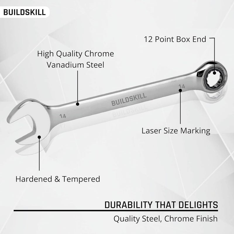 BUILDSKILL Cr-V 14mm Ratchet Spanner | Hardened | Rust-Proof | Polished Chrome Wrench with High Torque for Tight Spaces | Durable Wrench & Spanner for Auto & Home Repair - Image 2