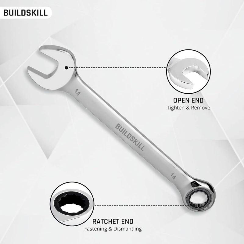 BUILDSKILL Cr-V 14mm Ratchet Spanner | Hardened | Rust-Proof | Polished Chrome Wrench with High Torque for Tight Spaces | Durable Wrench & Spanner for Auto & Home Repair - Image 3