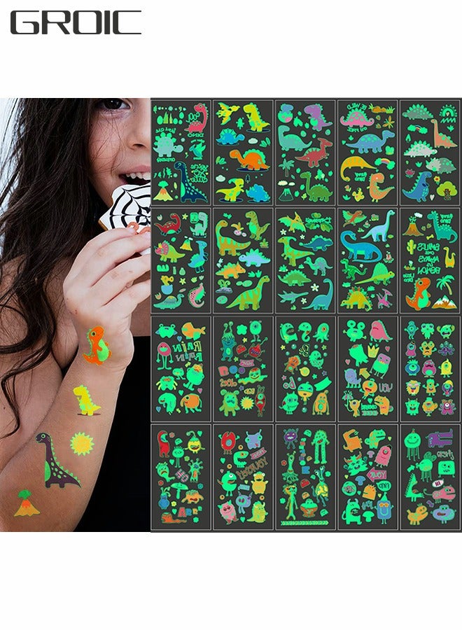 GROIC 20 Sheets Luminous Temporary Tattoos for Kids, Dinosaur Monster Theme Waterproof Luminous Tattoos Sticker Glow In the Dark Birthday Party Decorations Supplies - Image 1
