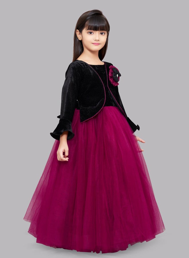 PinkChick فستان ماكسي مخمل أسود ووردي مزين للفتيات - Image 3