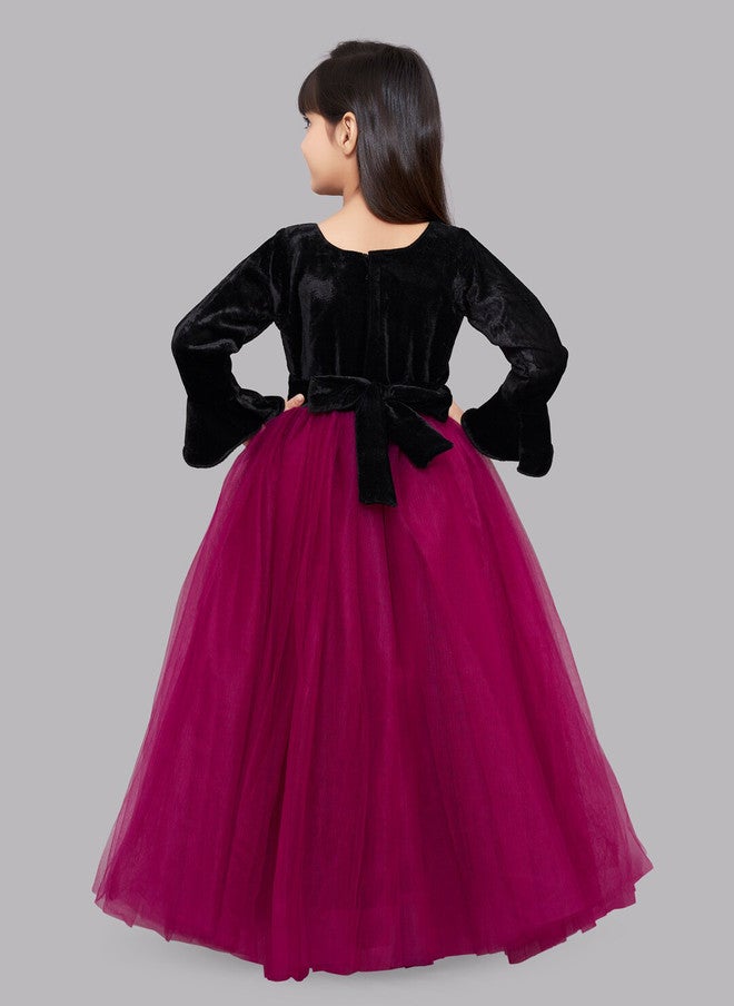 PinkChick فستان ماكسي مخمل أسود ووردي مزين للفتيات - Image 5