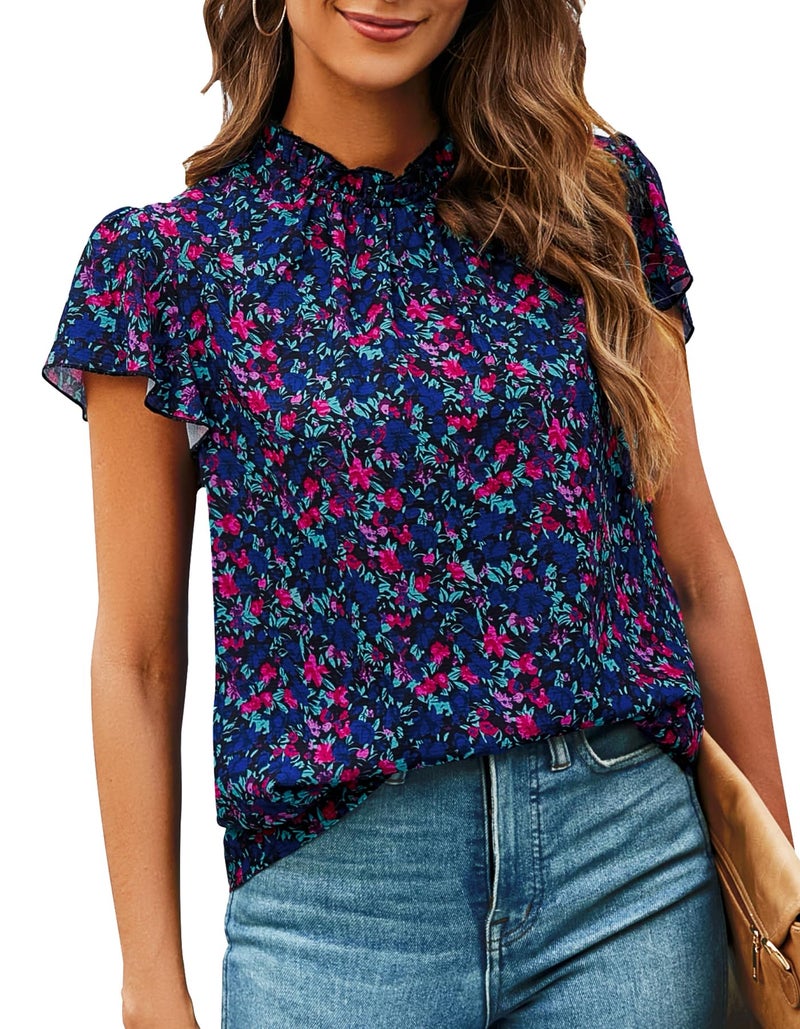 SimpleFun Summer Boho Tops for Women 2025 Short Sleeve Ruffle Shirt Mock Neck Chiffon Floral Blouse Navy Blue S - Image 1