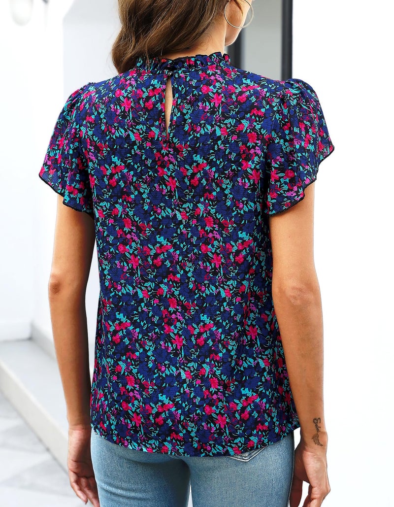 SimpleFun Summer Boho Tops for Women 2025 Short Sleeve Ruffle Shirt Mock Neck Chiffon Floral Blouse Navy Blue S - Image 4
