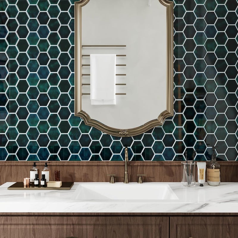 CRE8TIVE 4 Sheets Peel and Stick Tiles Backsplash for Kitchen 12"x12" Emerald Green Hexagon Wall Tile Stickers Self Adhesive Stick on Backsplash for Bathroom 3D Peel and Stick Tiles for Shower Walls - Image 3
